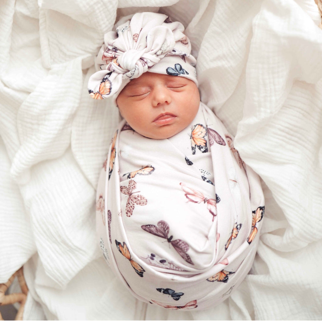Baby Blanket - Pink Butterflies with matching Turban