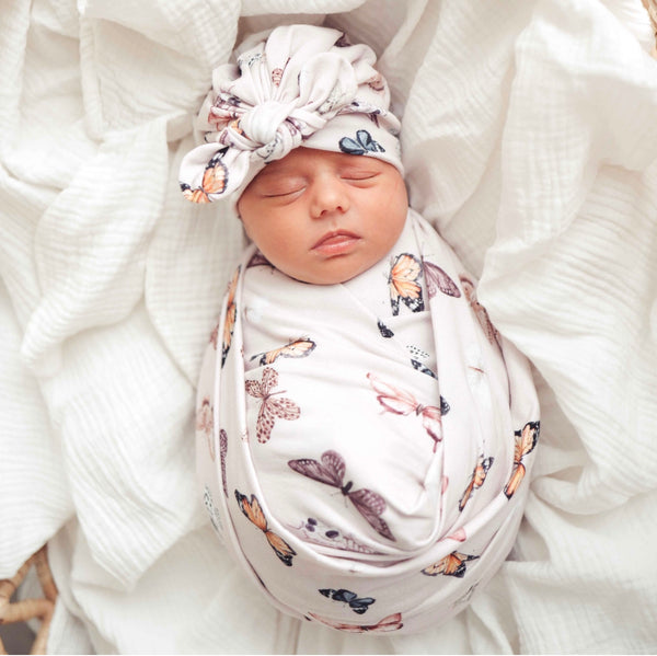 Baby Blanket - Pink Butterflies with matching Turban